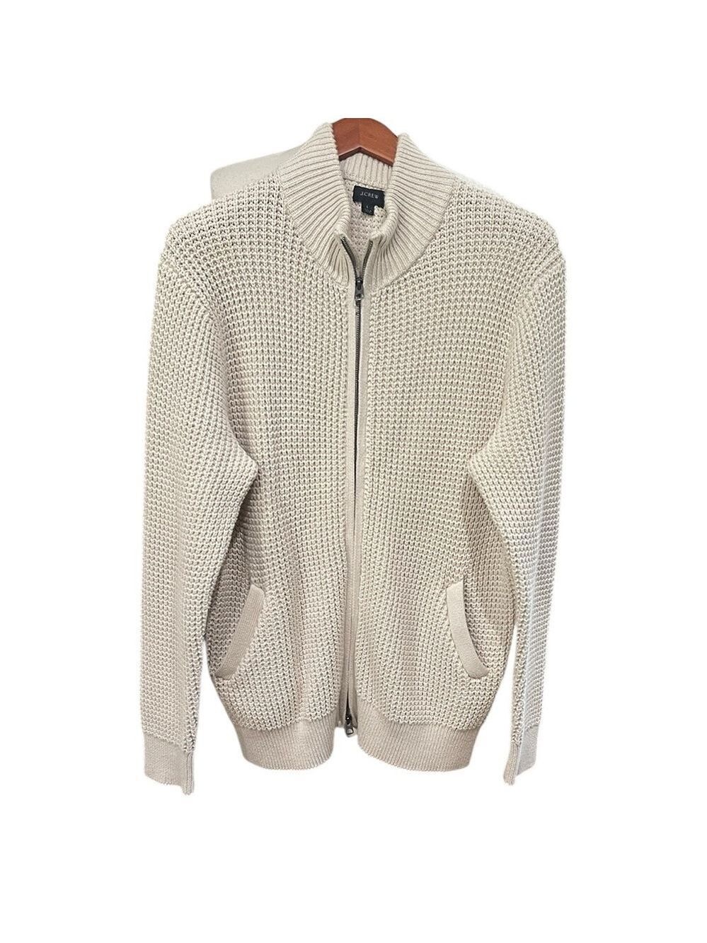 J. Crew Men’s Full Zip Cardigan Sweater Waffle Knit SZ L Cream